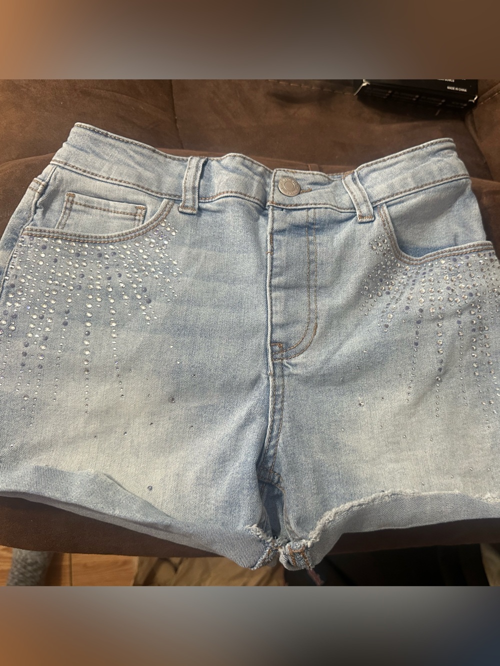 Light Blue Denim Kids' Shorts with Rhinestone Detail